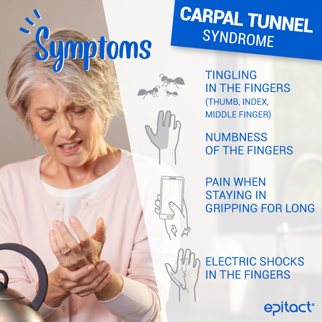 Symptoms of carpal tunnel syndrome include pain, pins and needles, numbness and loss of strength. 